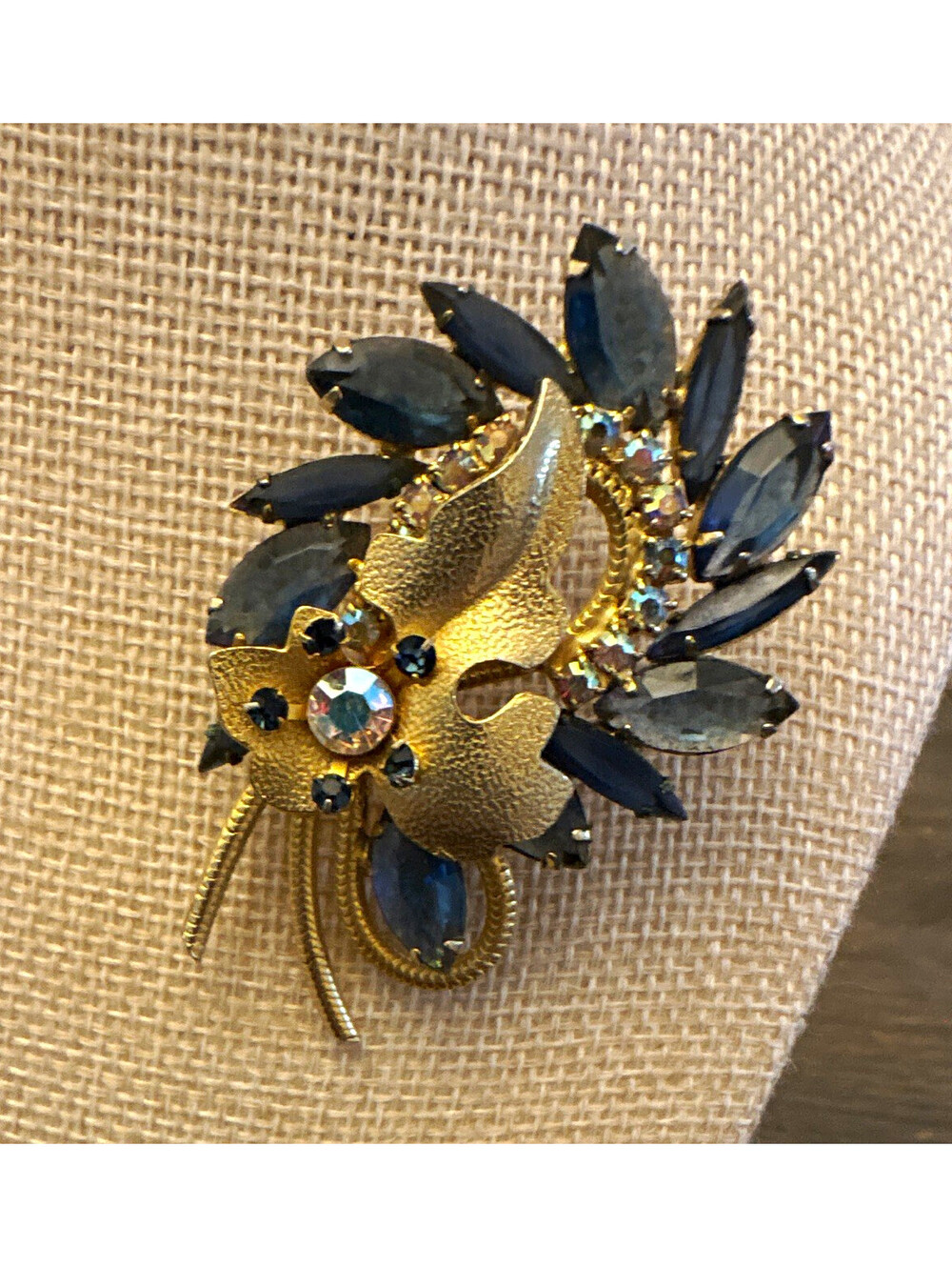 Estate Juliana Blue Marquise Rhinestone Floral Spray Brooch